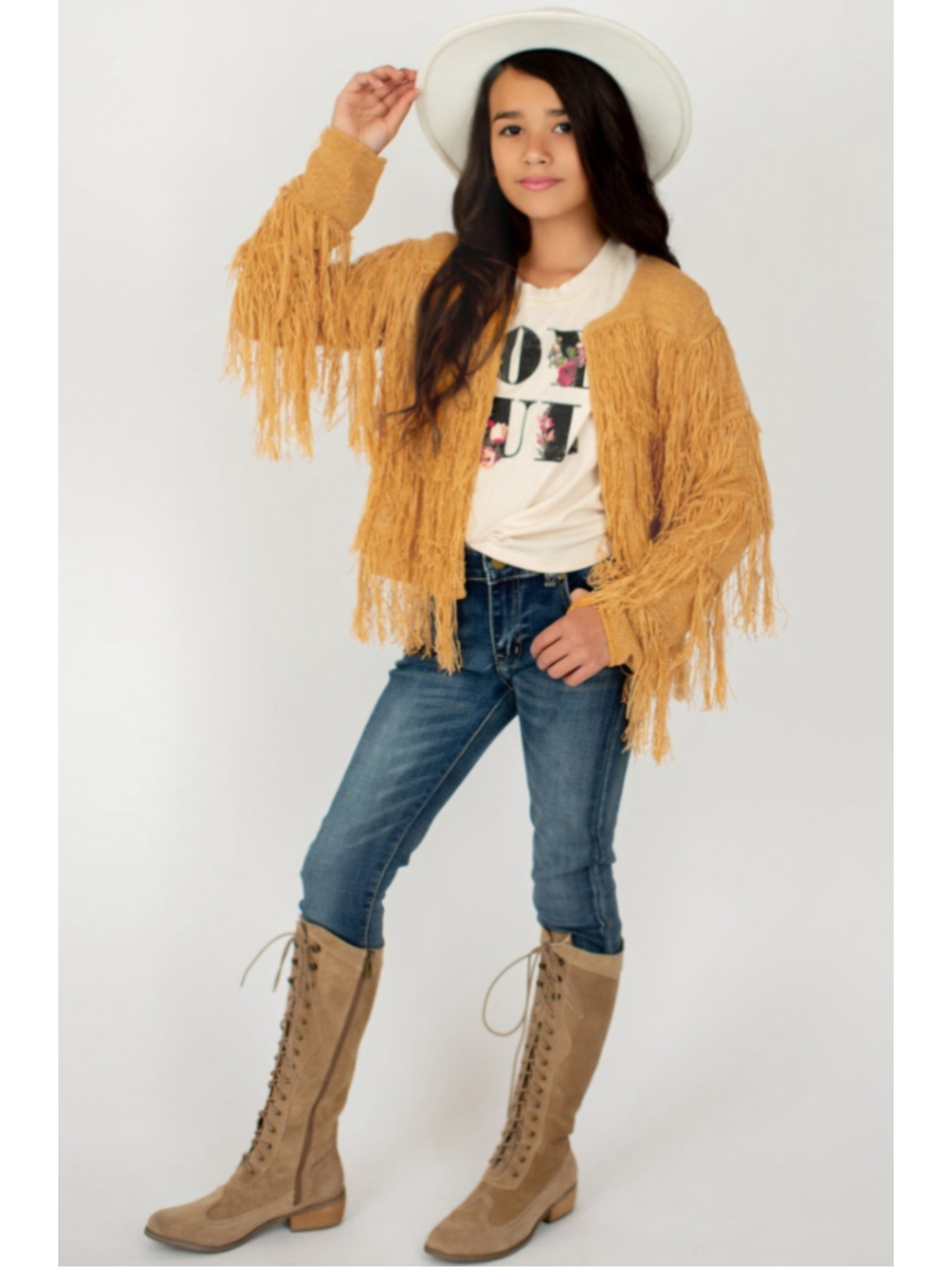 Girls Joyfolie Camel Fringe Cardigan Sweater Size 12